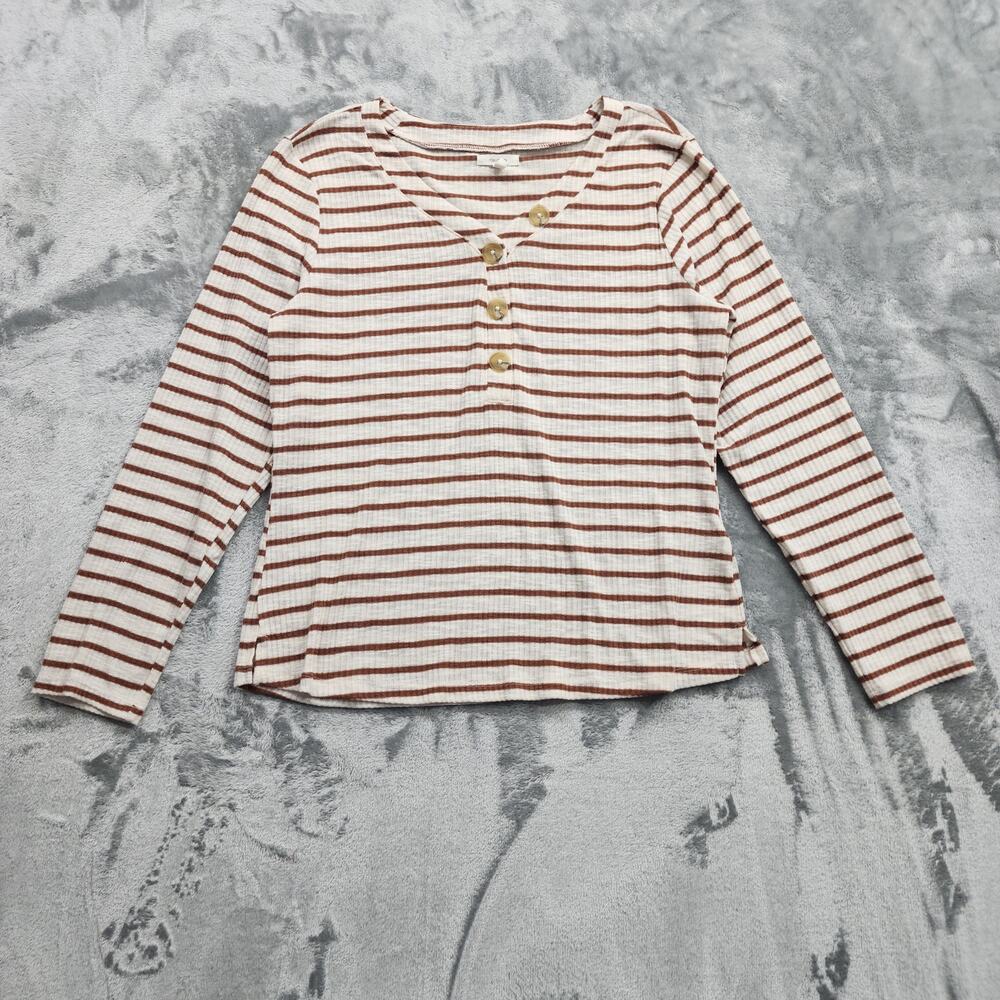 Maurices Top Womens XXL Cream Brown Striped Heartland Henley Button Tee Casual